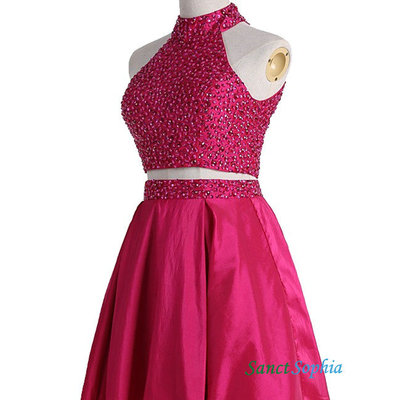Short two piece beaded homecoming dress,knee length fuchsia prom dress,short 2 piece beaded party dress