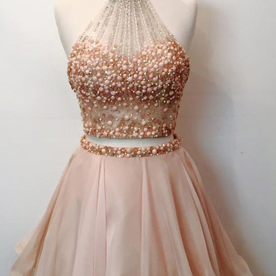 Short handmade beaded blush two piece homecoming dress,short beaded blush two piece prom dress,short 2 piece beading graduation dress