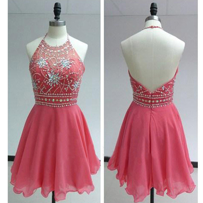 Short Sexy Open Back Handmade Beaded Homecoming Dress,Halter Open Back Coral Prom Dress,Knee Length Beaded Backless Graduation Dress