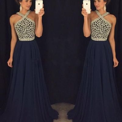 Dark blue beading chiffon long prom dress,evening dress