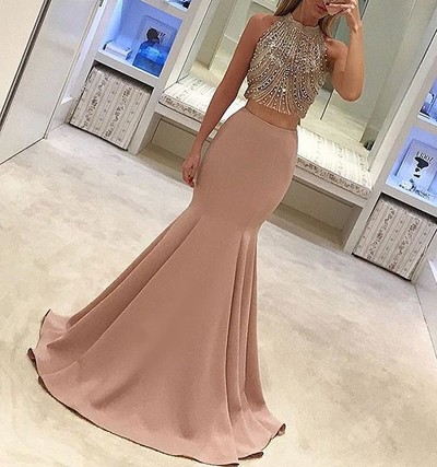 Mermaid 2 pieces beading long pom dress ,evening dress