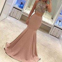 Mermaid 2 pieces beading long pom dress ,evening dress - Thumbnail 1
