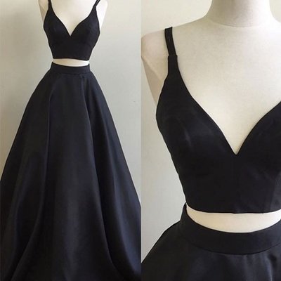 Black 2 pieces long prom dress,black evening dress - Thumbnail 4