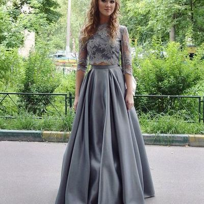 Stylish gray 2 pieces lace long pom dress ,gray evening dress - Thumbnail 4