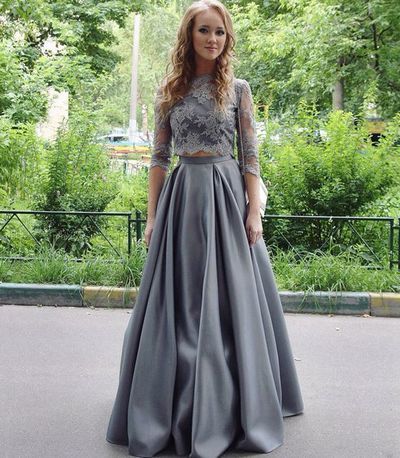 Stylish gray 2 pieces lace long pom dress ,gray evening dress