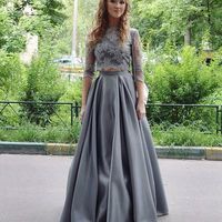 Stylish gray 2 pieces lace long pom dress ,gray evening dress - Thumbnail 1
