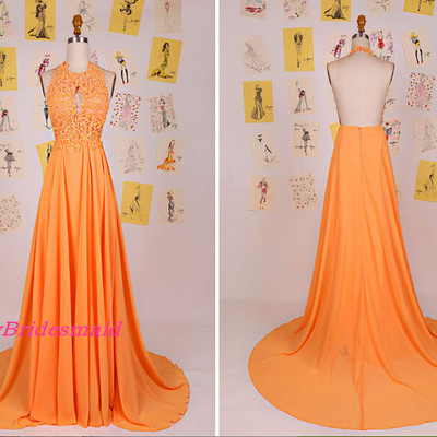 Pretty halter orange backless chiffon and lace top prom dresses, halter prom dress 2017, backless gowns