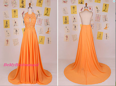 Pretty Halter Orange Backless Chiffon and Lace Top Prom Dresses, Halter Prom Dress 2017, Backless Gowns