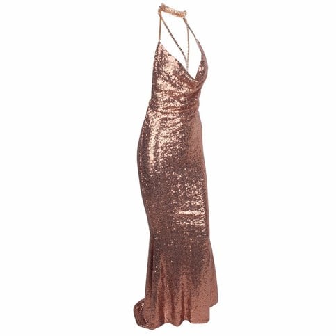Pink Gold Sequined Shine Cowl Neck Maxi Dress