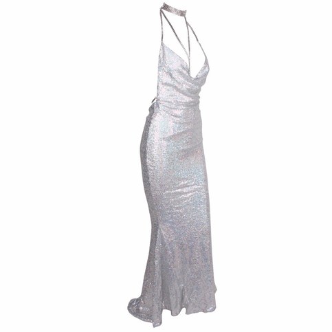 Silver Sequined Shine Cowl Neck Maxi Dress