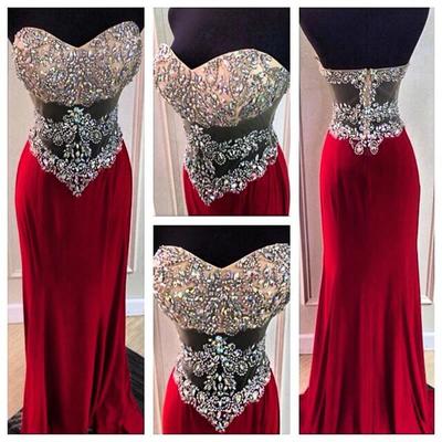 Sexy red sweetheart neck crystal long prom dresses ,evening dresses 