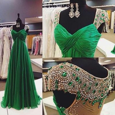 A-line long green beading prom dress,cap straps open back green graduation dress