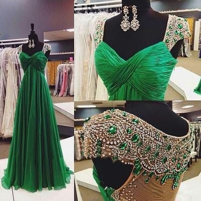 A-line Long Green Beading Prom Dress,Cap Straps Open Back Green Graduation Dress