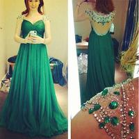 A-line Long Green Beading Prom Dress,Cap Straps Open Back Green Graduation Dress - Thumbnail 3