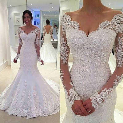 Mermaid long sleeves lace wedding dress,sexy backless bridal dress