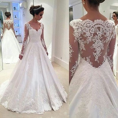 A-line long sleeves lace wedding dress,sexy illusion back lace bridal dress