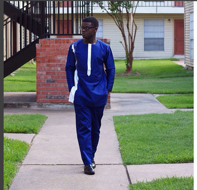 Blue & White Men's Long-sleeve Shirt and Trousers African Clothing Men's Wear