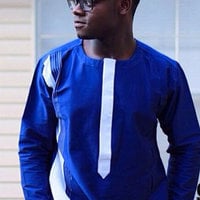 Blue & White Men's Long-sleeve Shirt and Trousers African Clothing Men's Wear - Thumbnail 1