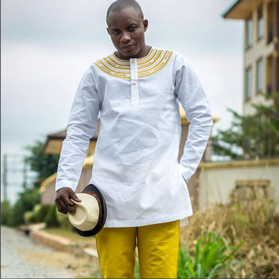 White & gold men's long sleeve shirt and trousers african clothing men's wear - Thumbnail 5