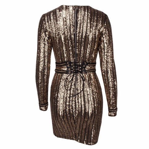 Gold Striped Sequined Bodycon Dress