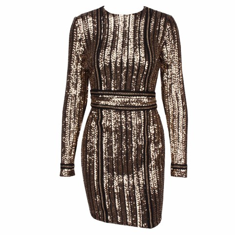 Gold Striped Sequined Bodycon Dress