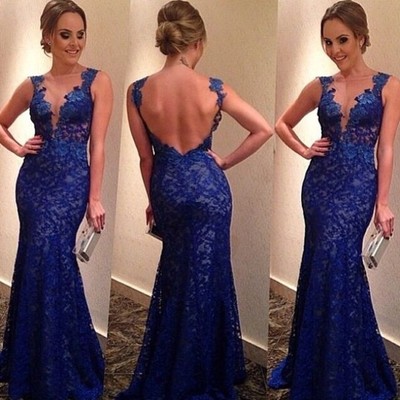 Royal blue mermaid lace prom dress evening gown pst0589