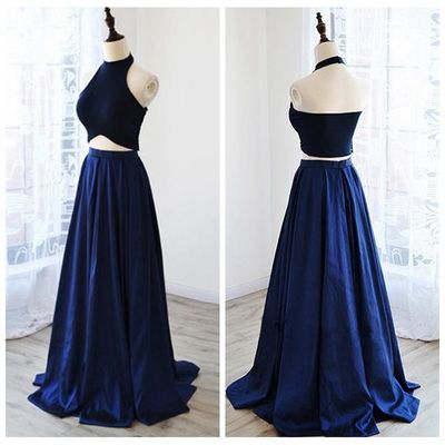 Blue 2 pieces  long pom dress ,blue evening dress