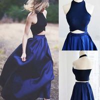 Blue 2 pieces  long pom dress ,blue evening dress - Thumbnail 1