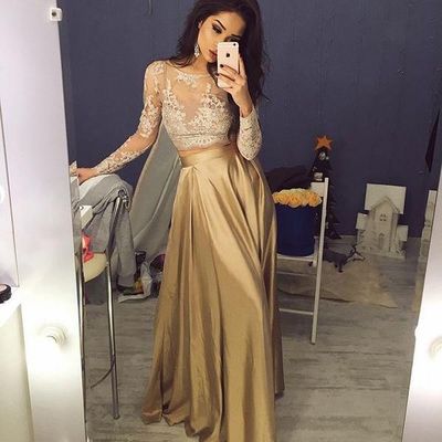 Long sleeve lace 2 pieces long pom dress , evening dress - Thumbnail 4