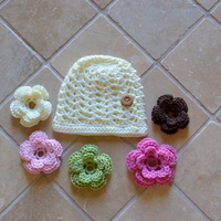 Lace stitch beanie with 5 flowers.  - Thumbnail 2