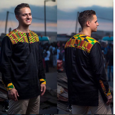  kente & black cotton men's long sleeve shirt men's african clothing men's wear
