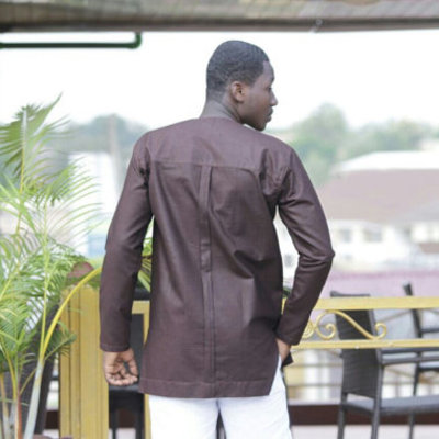Brown & golden strips embroidered long sleeve shirt men's african clothing 