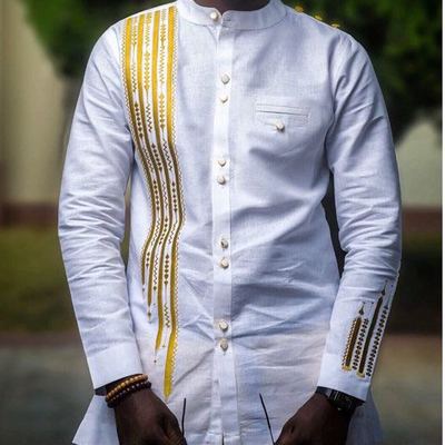 White and gold men's long sleeve shirt with embroidered strips african clothing men's fashion shirt 