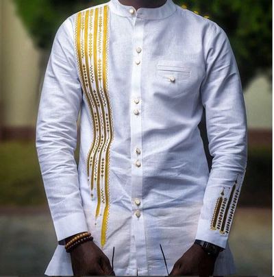 White and Gold Men's Long Sleeve Shirt with Embroidered Strips African Clothing Men's Fashion Shirt 