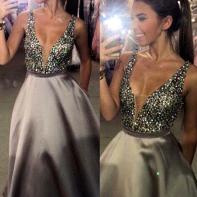 A-line prom dress,high waist prom dresses,deep v-neck prom dress,beading prom dresses,charming prom dress,bd1607031