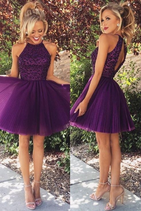 Pretty Purple Short Beading Tulle Homecoming Dresses,Halter Open Back Cocktail Dresses