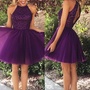 Pretty Purple Short Beading Tulle Homecoming Dresses,Halter Open Back Cocktail Dresses-1