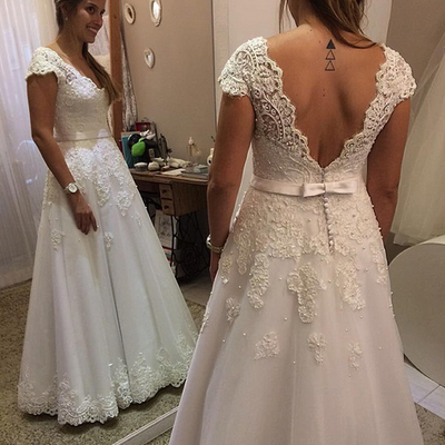 A line v-back cap sleeves lace wedding dress