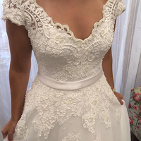 A line V-back Cap Sleeves Lace Wedding Dress - Thumbnail 1