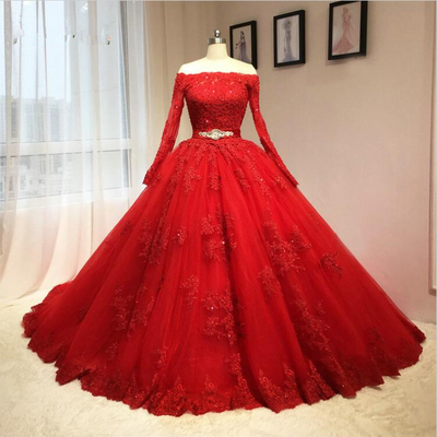 Ball gown off shoulder long sleeves red lace wedding dress
