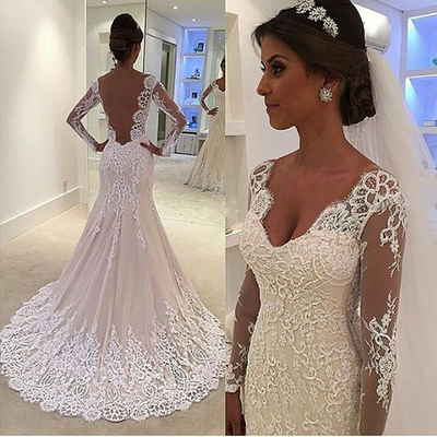 Mermaid v-back long sleeves lace wedding dress 