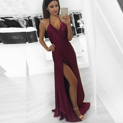  burgundy v neck long prom dress,burgundy evening dresses - Thumbnail 4