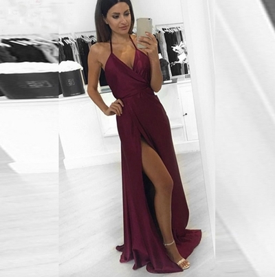  Burgundy V neck long prom dress,burgundy evening dresses