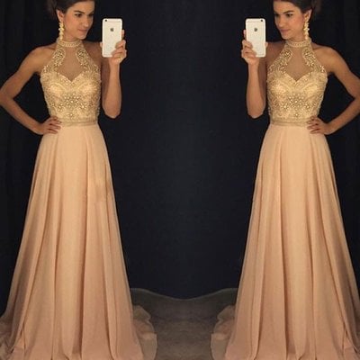 Champagne high neck chiffon beading long pom dress for grad,evening dress - Thumbnail 5