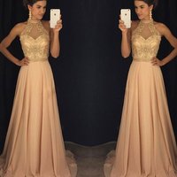 Champagne high neck chiffon beading long pom dress for grad,evening dress - Thumbnail 1