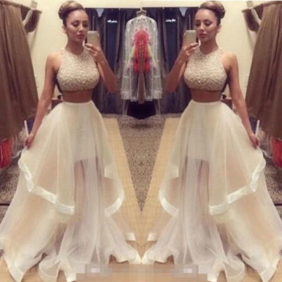White  2 pieces beading sequins long pom dress ,white evening dress - Thumbnail 3