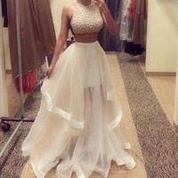 White  2 pieces beading sequins long pom dress ,white evening dress - Thumbnail 1