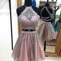 Cute A line 2 pieces lace short prom dresses for teens, evening dresses - Thumbnail 1