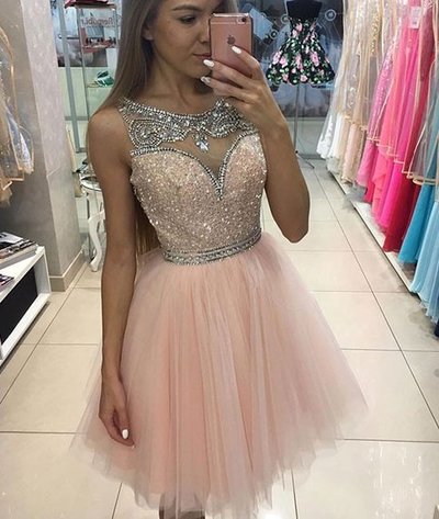 Custom made pink sequins short prom dress,pink evening dresses