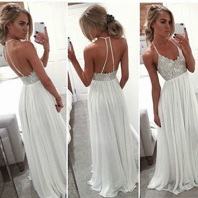Simlple white v neck chiffon long pom dress ,white evening dress